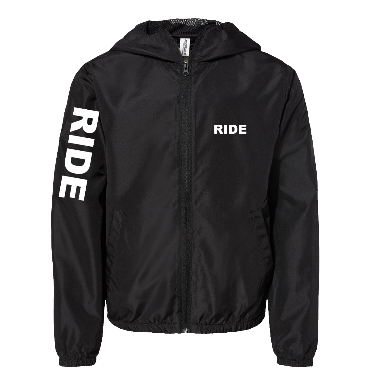 Ride Brand Logo Classic Youth Lightweight Windbreaker Black (White Logo)