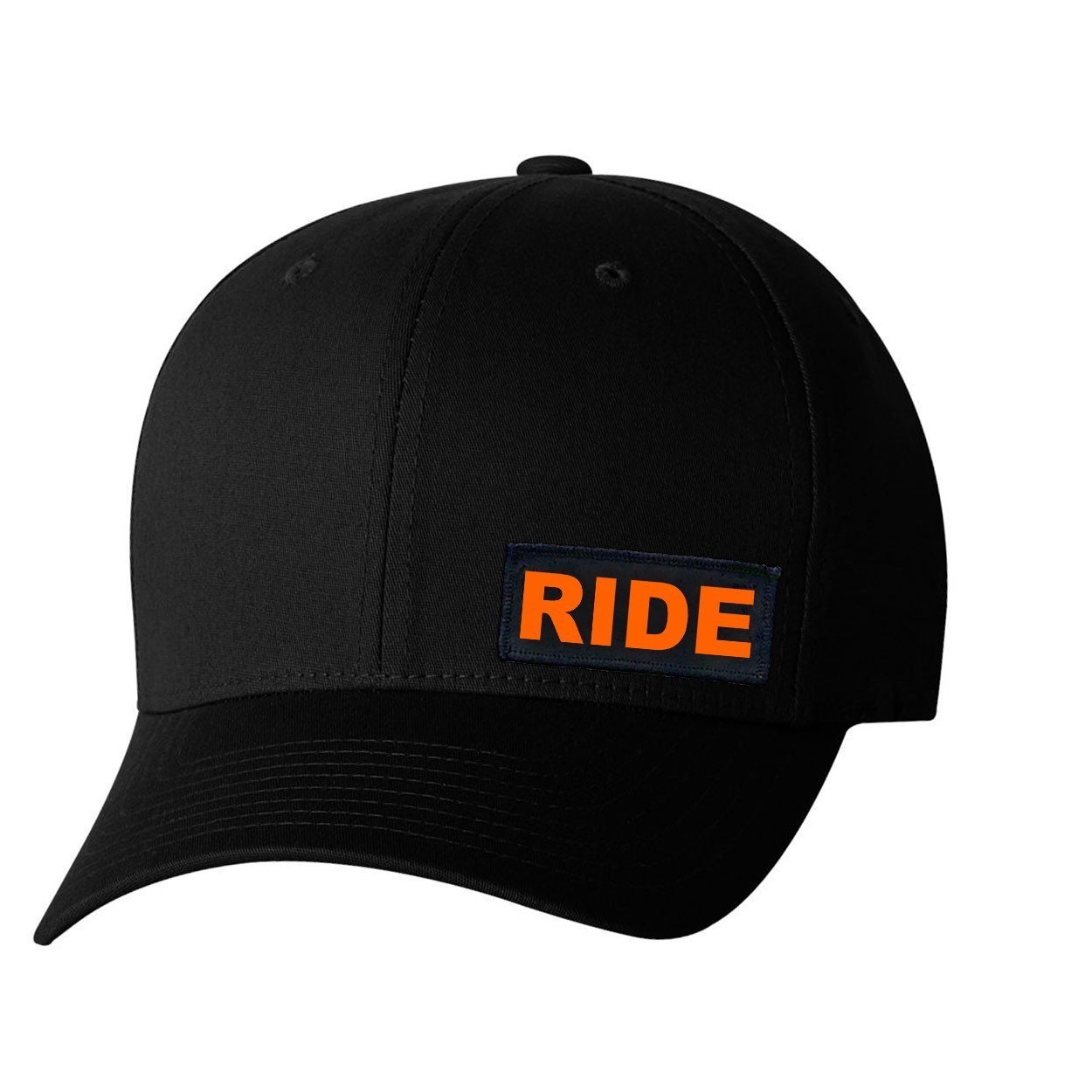 Ride Brand Logo Night Out Woven Patch Flex-Fit Hat Black (Orange Logo)