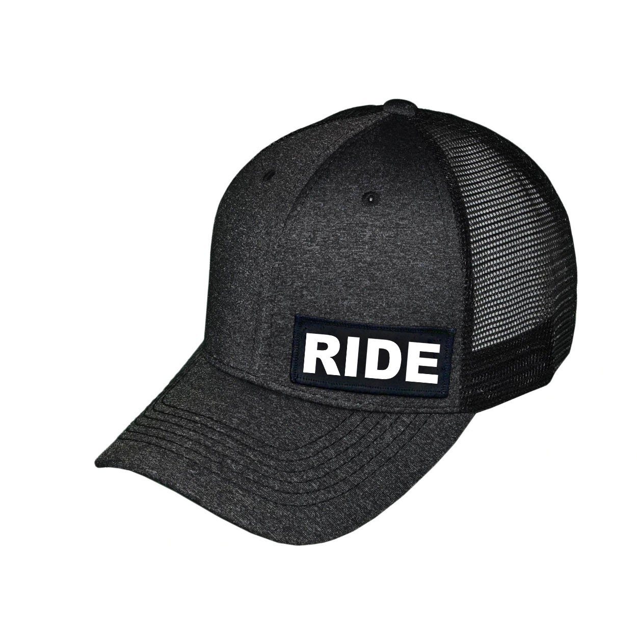 Ride Brand Logo Night Out Woven Patch Melange Snapback Trucker Hat Black (White Logo)