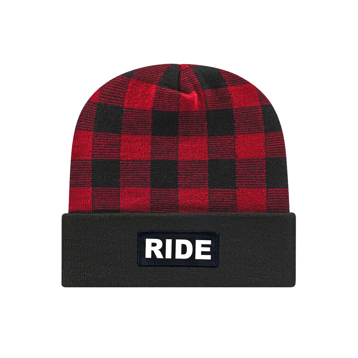 Ride Brand Logo Night Out Woven Patch Roll Up Plaid Beanie Black/True Red (White Logo)