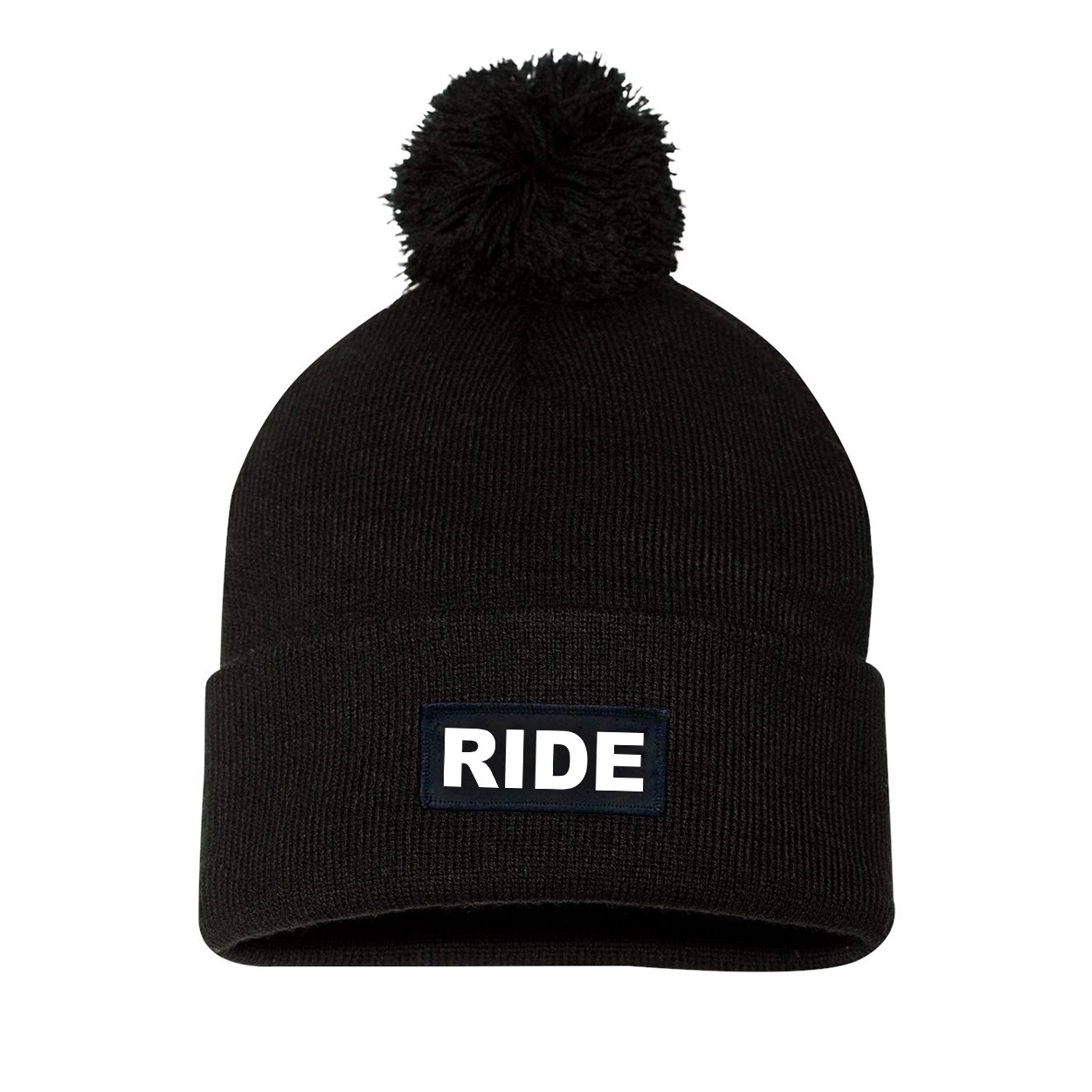 Ride Brand Logo Night Out Woven Patch Roll Up Pom Knit Beanie Black (White Logo)