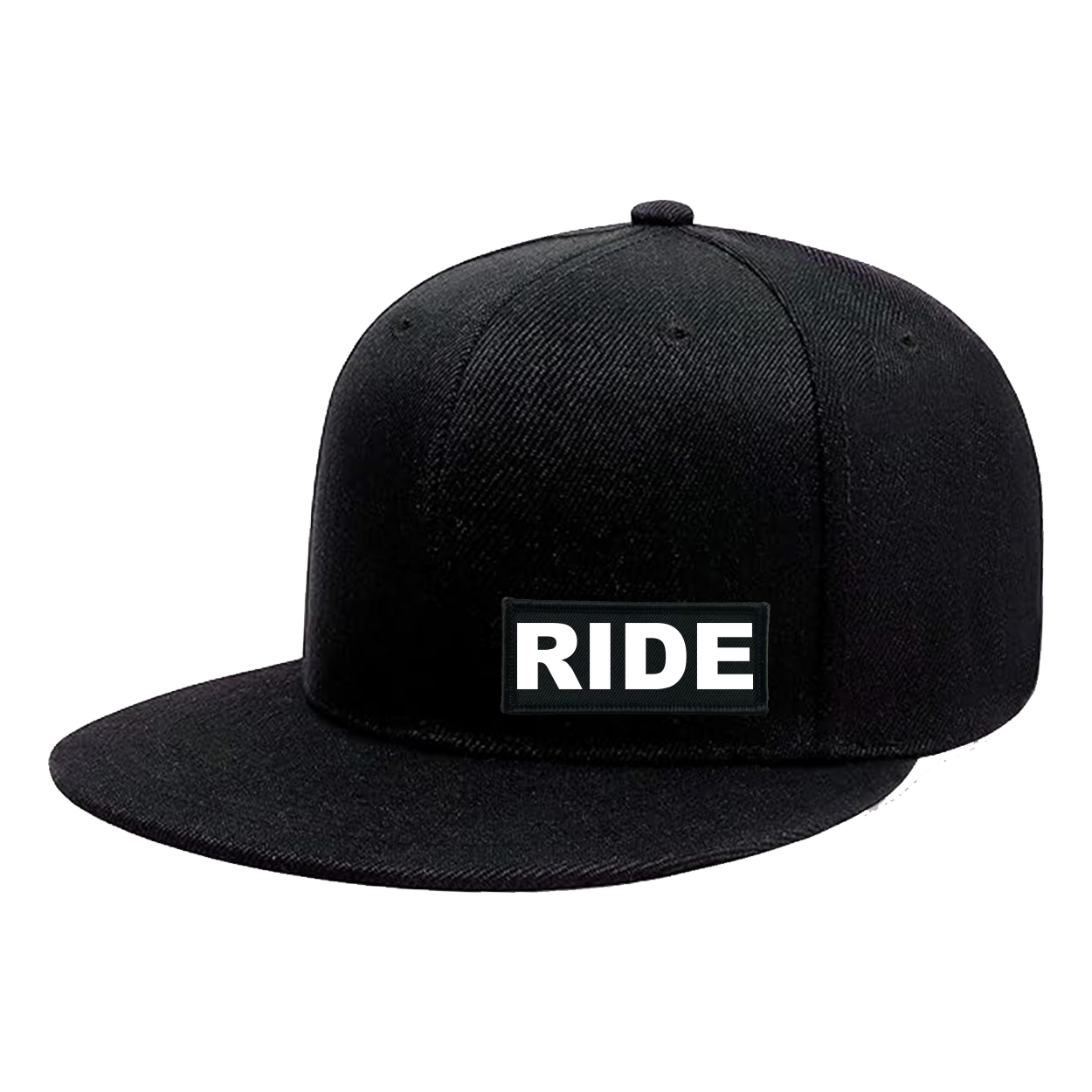 Ride Brand Logo Night Out Woven Patch Snapback Flat Brim Hat Black