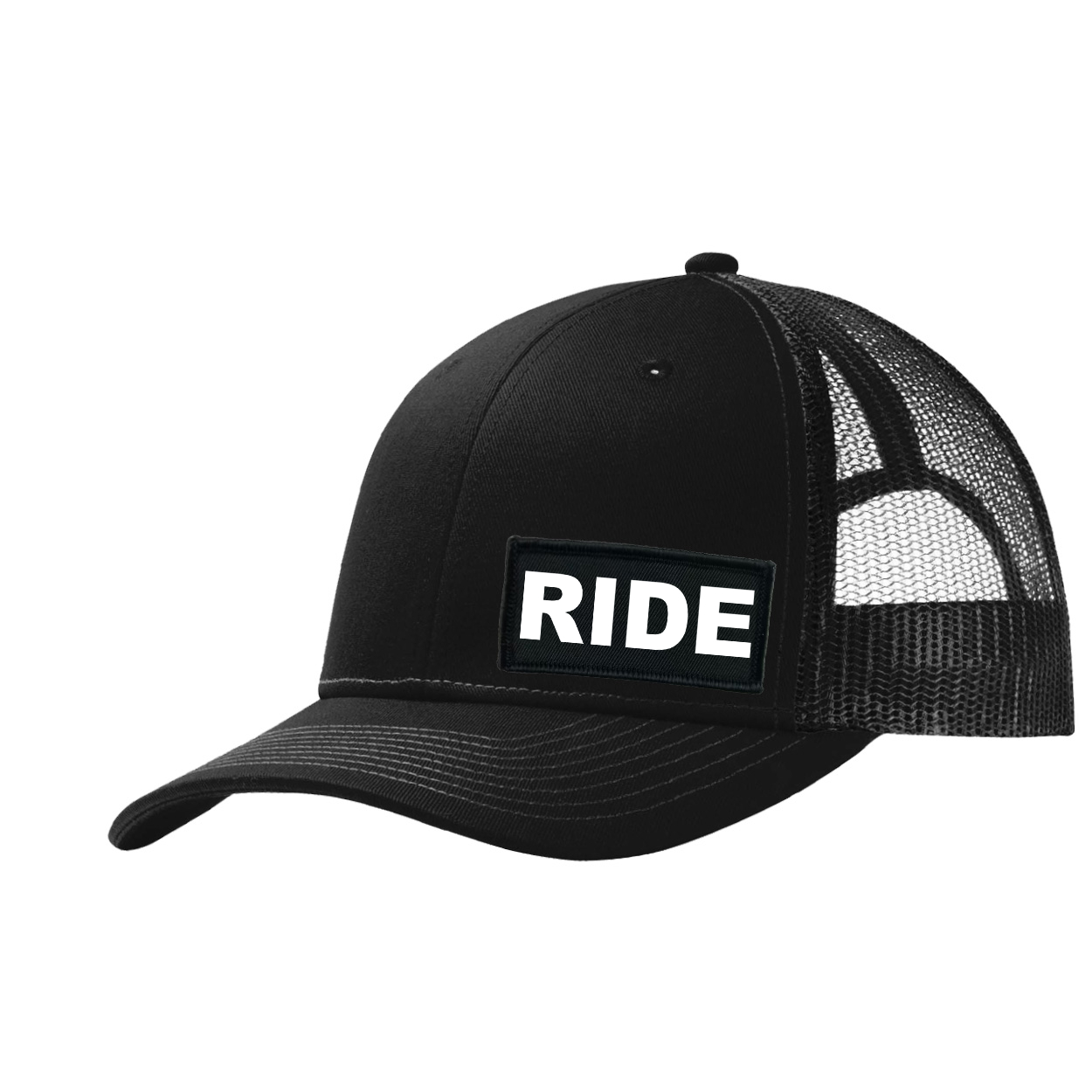 Ride Brand Logo Night Out Woven Patch Snapback Trucker Hat Black (White Logo)