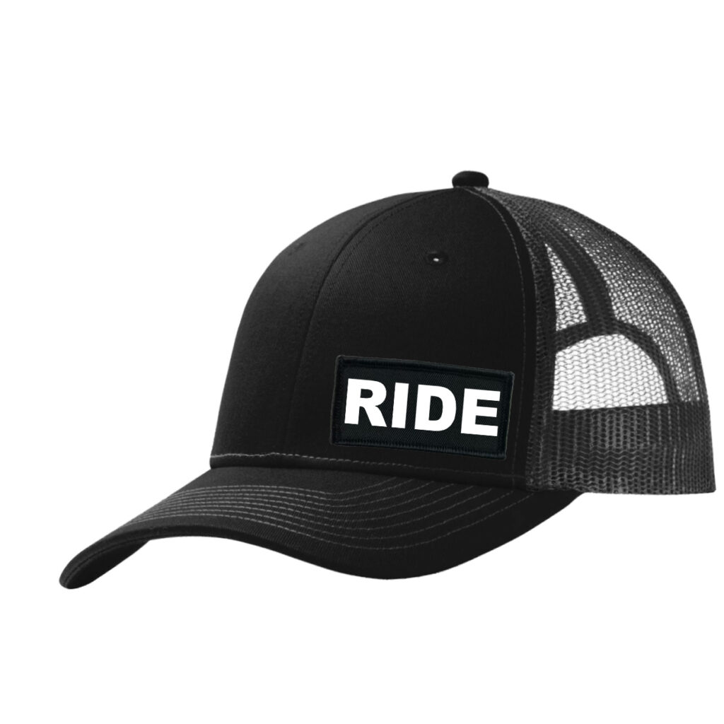 Ride Brand Logo Night Out Woven Patch Snapback Trucker Hat Black/Gray (White Logo)