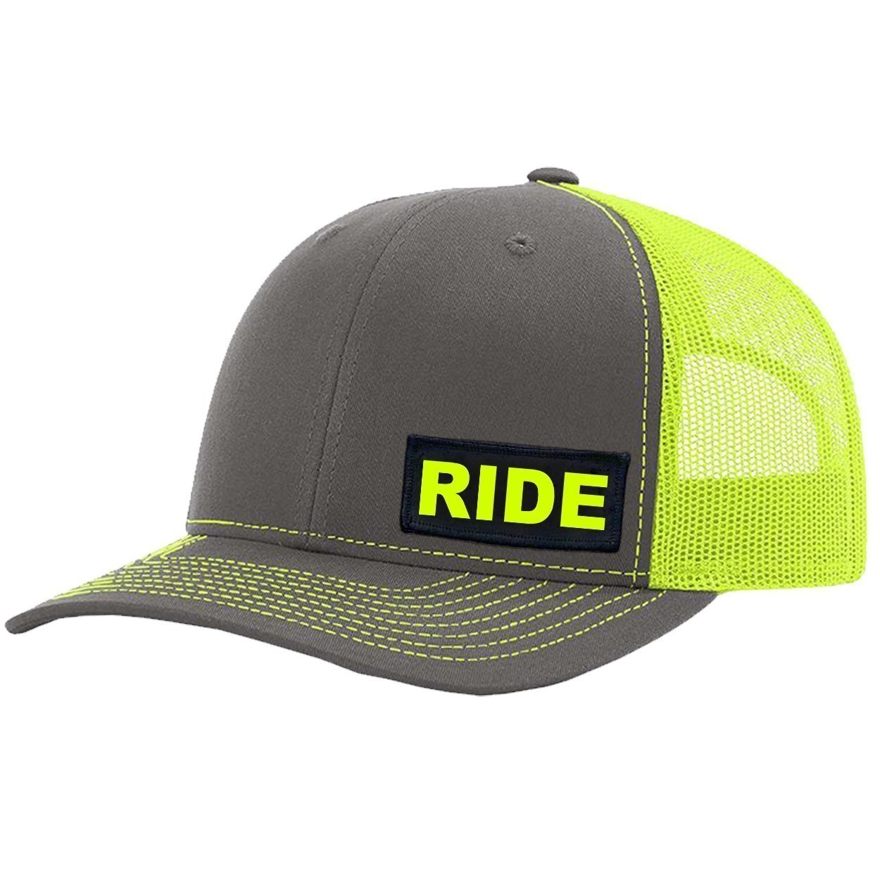Ride Brand Logo Night Out Woven Patch Snapback Trucker Hat Charcoal/Neon Yellow (Hi-Vis Logo)