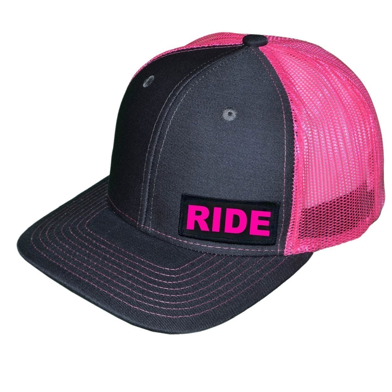 Ride Brand Logo Night Out Woven Patch Snapback Trucker Hat Gray/Neon Pink (Pink Logo)