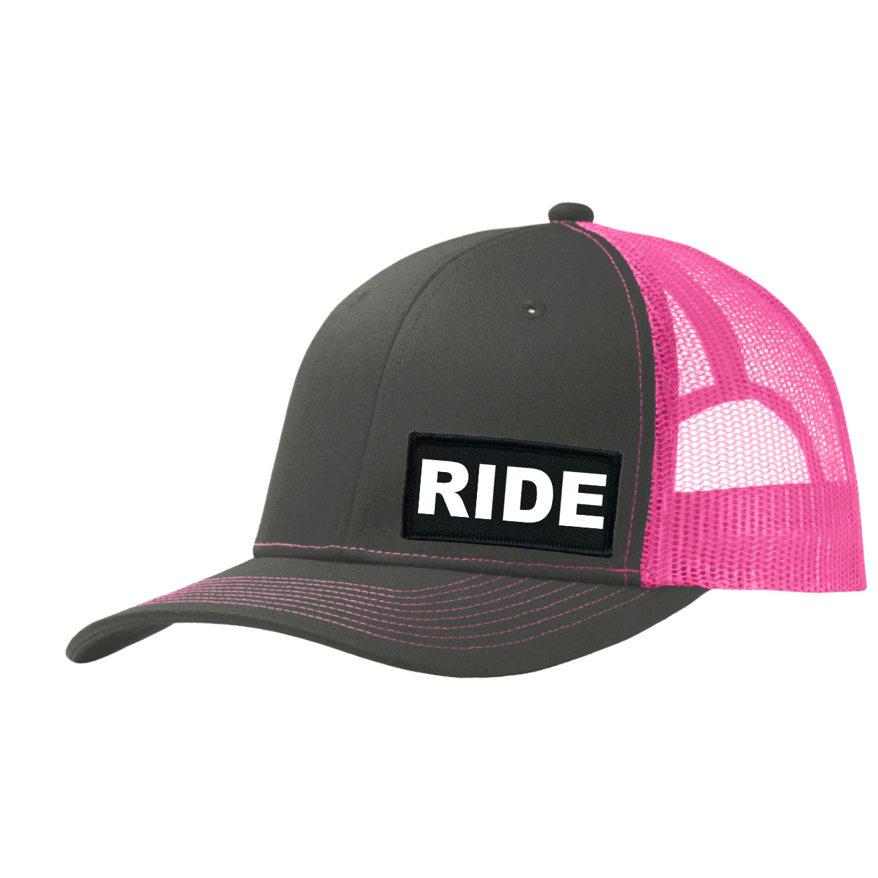 Ride Brand Logo Night Out Woven Patch Snapback Trucker Hat Dark Gray/Neon Pink (White Logo)