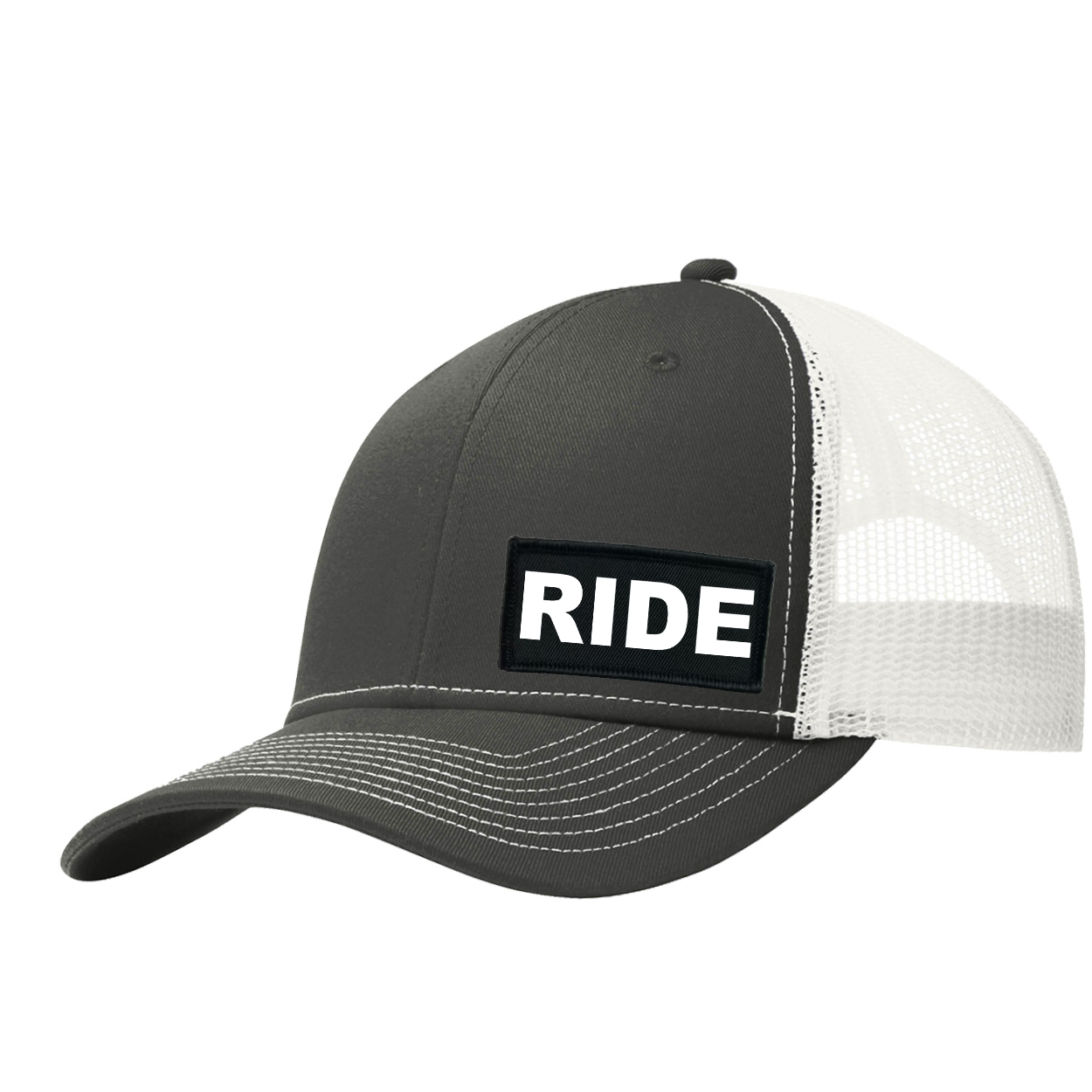 Ride Brand Logo Night Out Woven Patch Snapback Trucker Hat Dark Gray/White (White Logo)