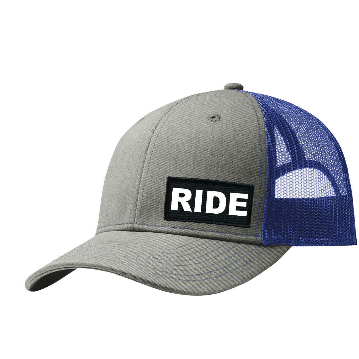 Ride Brand Logo Night Out Woven Patch Snapback Trucker Hat Heather Grey/Royal (White Logo)