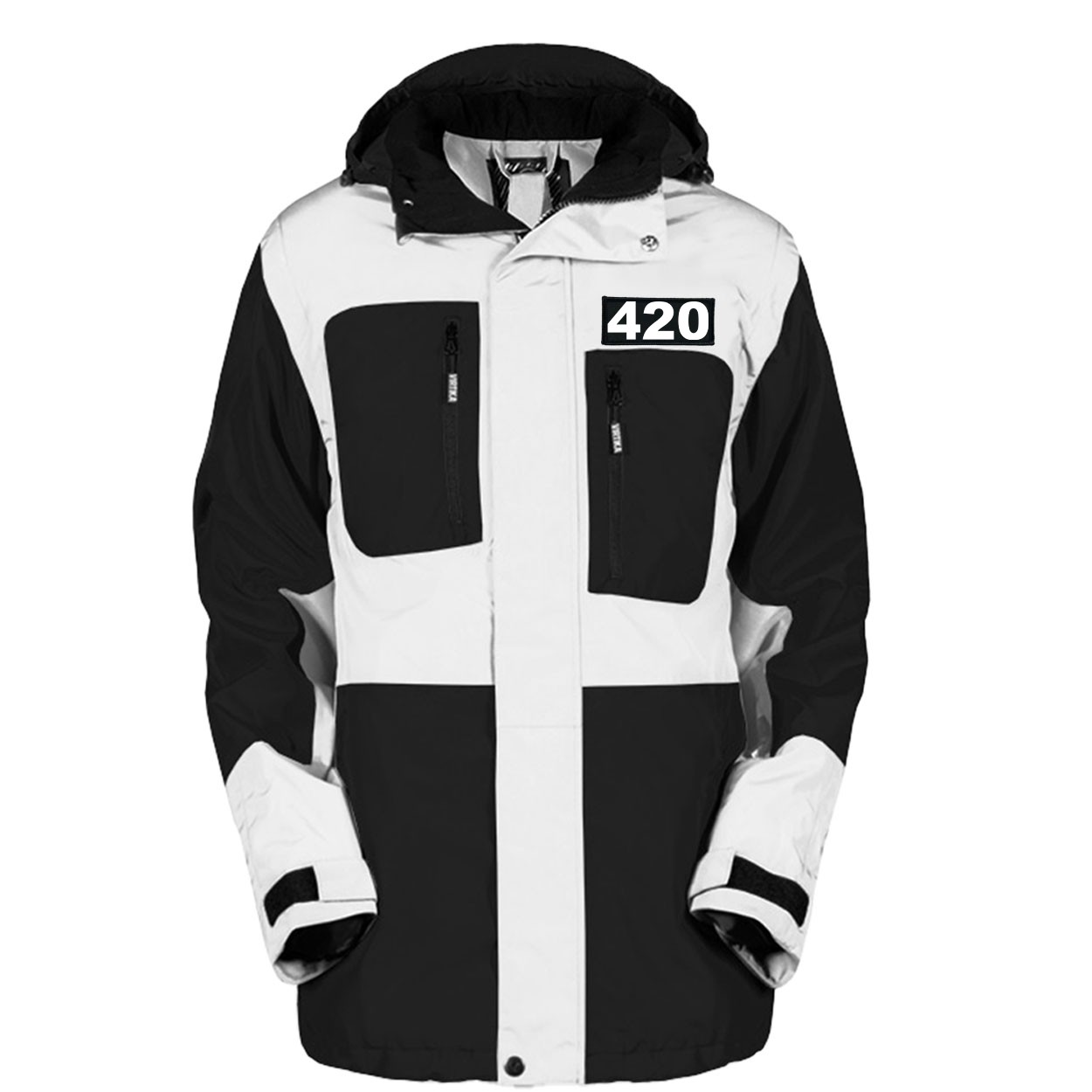420 Brand Logo Classic Woven Patch Pro Snowboard Jacket (Black/White)
