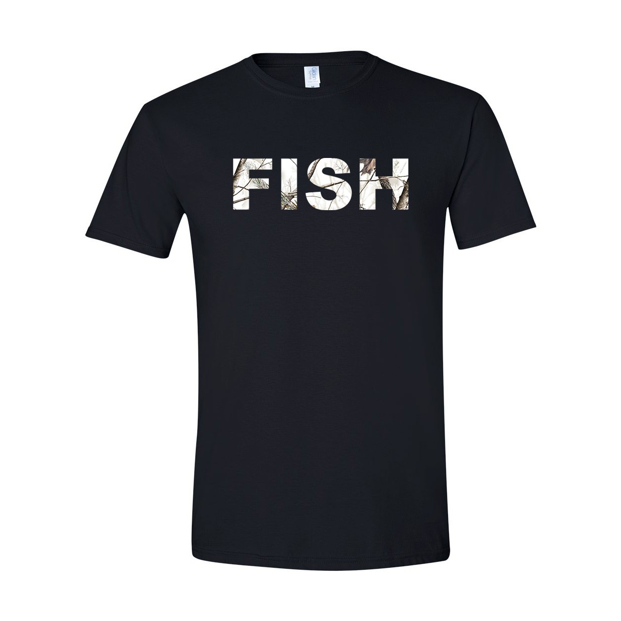 Fish Brand Logo Classic T-Shirt Black (Realtree Snow Camo Logo)