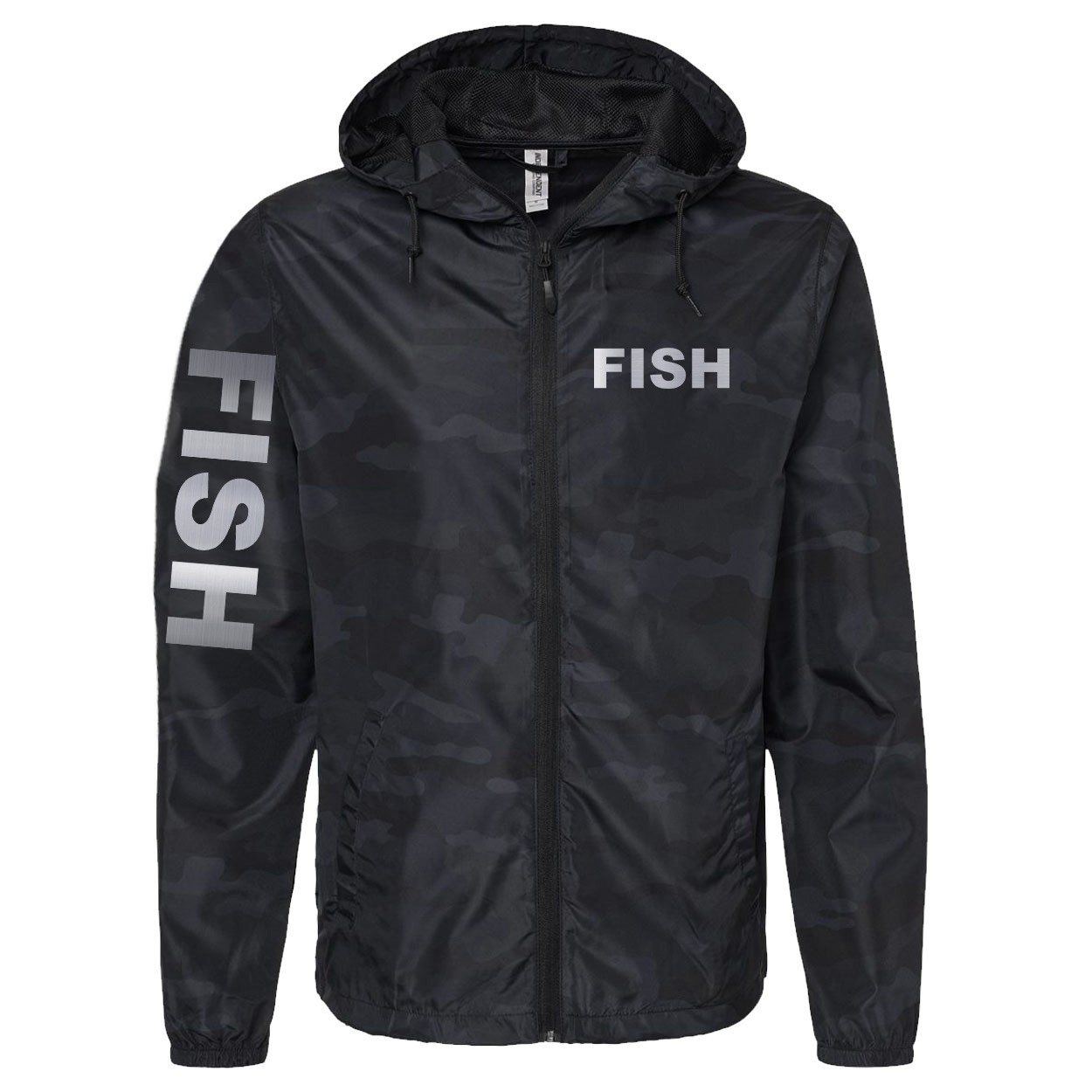 Fish Brand Logo Classic Lightweight Windbreaker Black Camo (Silver Logo)