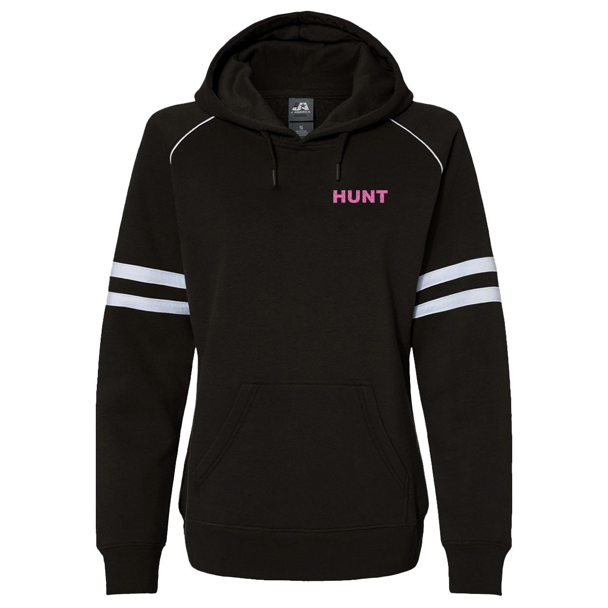Hunt Brand Logo Night Out Womens Pullover Hooded Sweatshirt Varsity Fleece (Pink Glitter Logo)