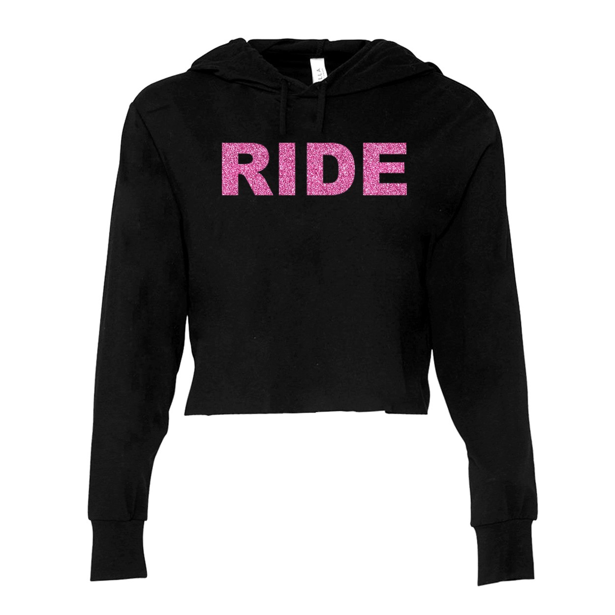 Ride Brand Logo Classic Womens Cropped Sweatshirt Black (Pink Glitter Logo)