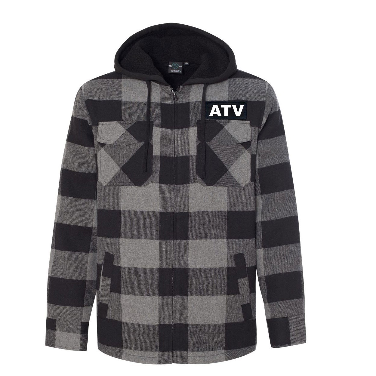 Atv Brand Logo Classic Unisex Full Zip Woven Patch Hooded Flannel Jacket Black/Gray (White Logo)