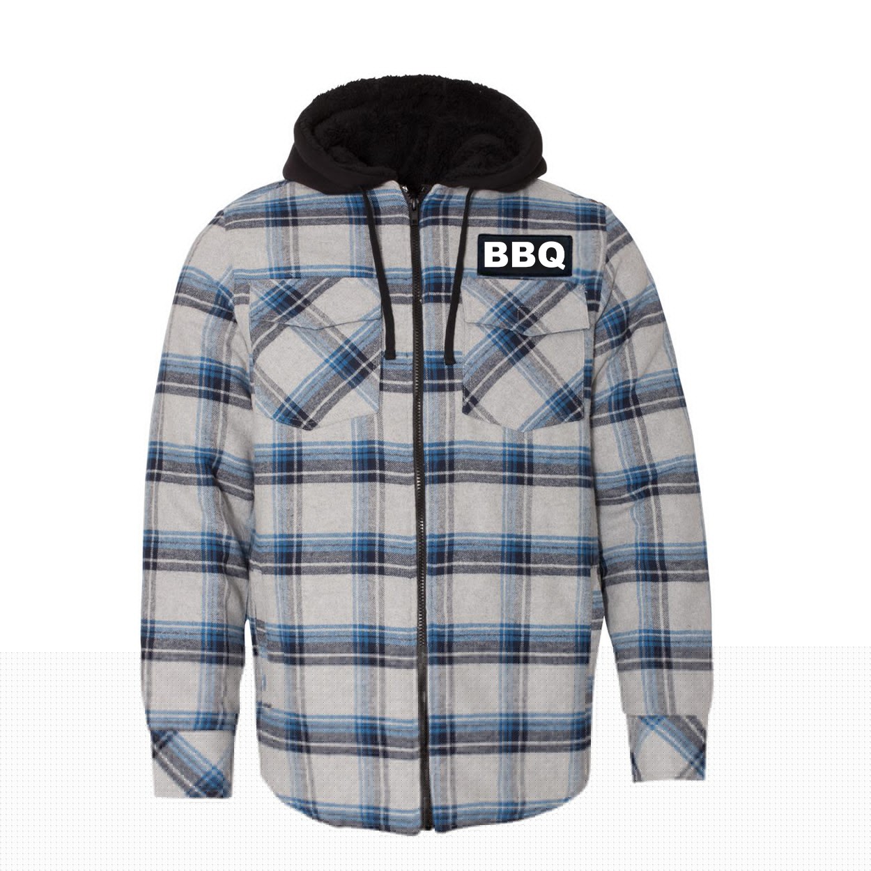 BBQ Brand Logo Classic Unisex Full Zip Woven Patch Hooded Flannel Jacket Gray/ Blue (White Logo)