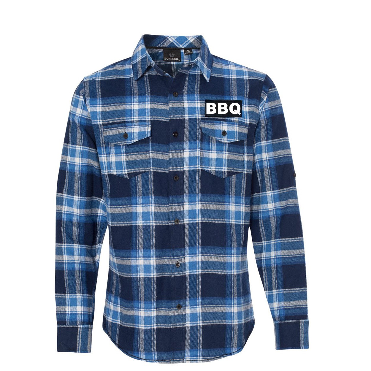 BBQ Brand Logo Night Out Rectangle Woven Patch Flannel Shirt Long Sleeve Blue/White (White Logo)