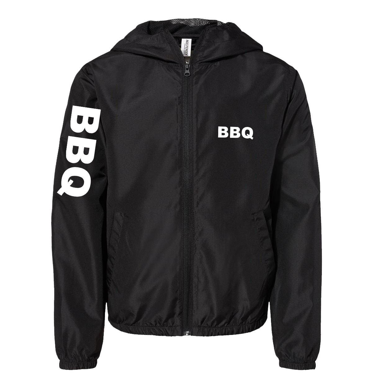 BBQ Brand Logo Classic Youth Lightweight Windbreaker Black (White Logo)