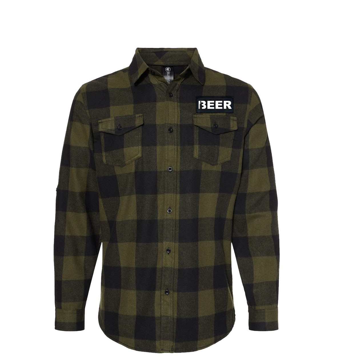 Beer Bottle Logo Night Out Rectangle Woven Patch Flannel Shirt Long Sleeve Army/Black (White Logo)