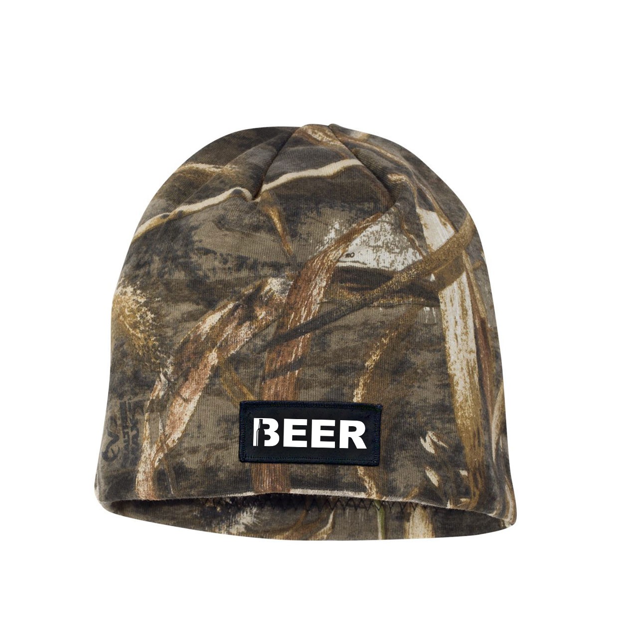 Beer Bottle Logo Night Out Woven Patch Skully Beanie Realtree AP Camo (White Logo)