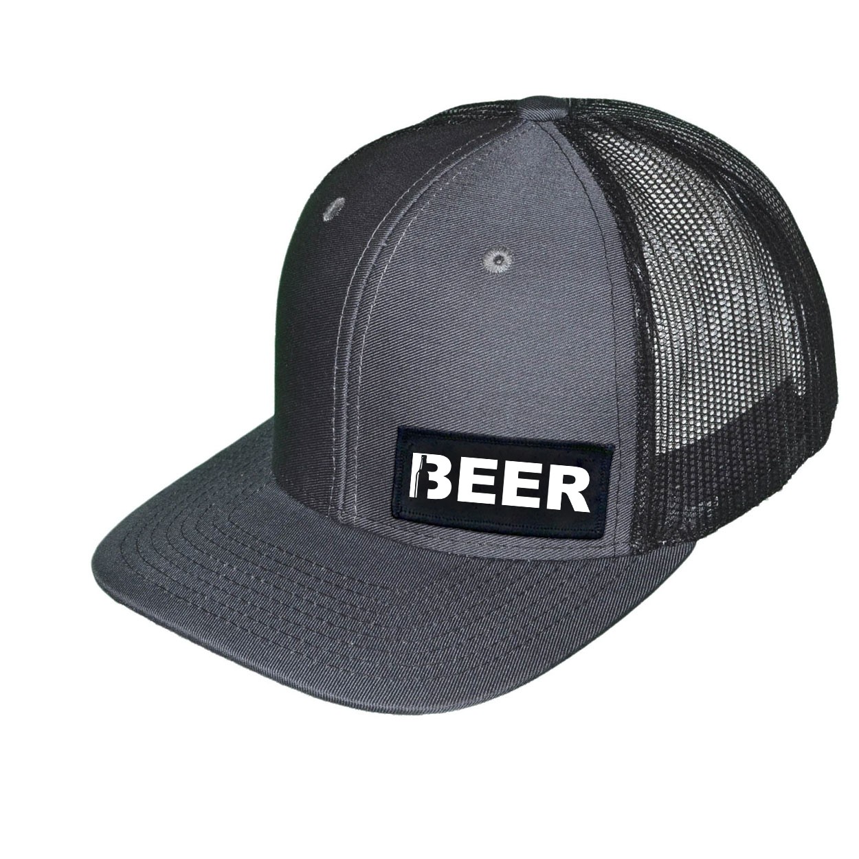 Beer Bottle Logo Night Out Woven Patch Snapback Trucker Hat Dark Gray/Black