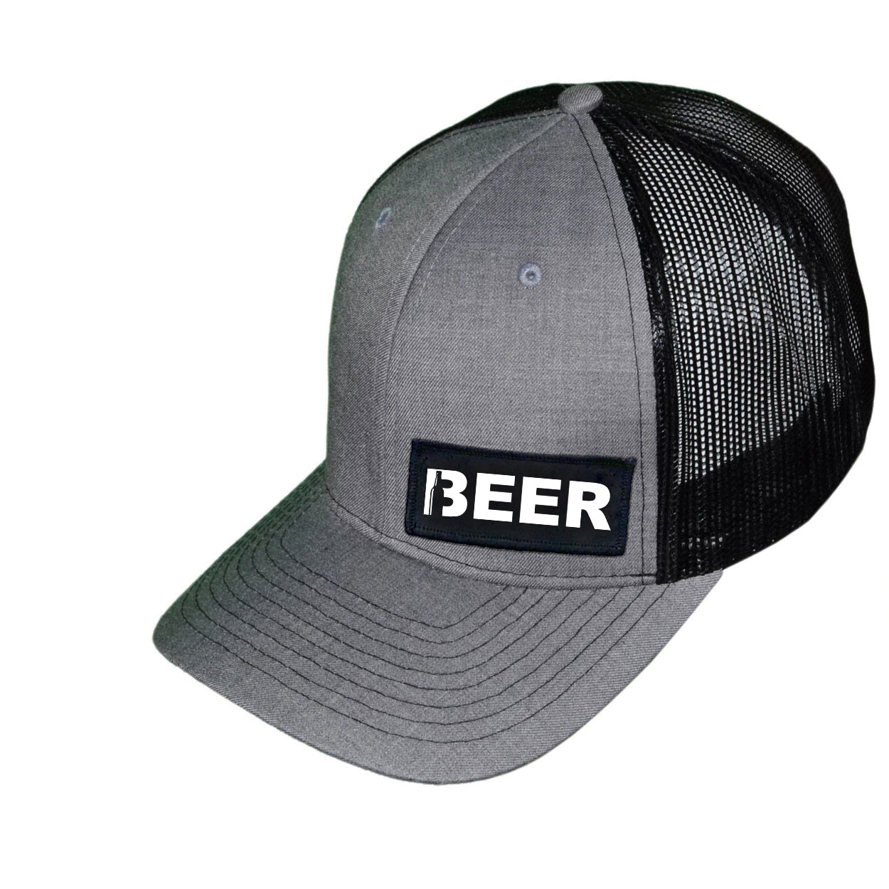 Beer Bottle Logo Night Out Woven Patch Snapback Trucker Hat Heather Gray/Black