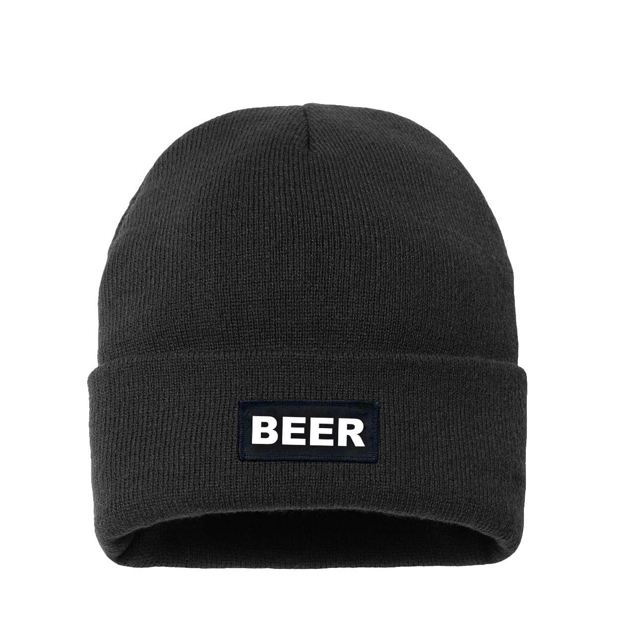Beer Brand Logo Night Out Woven Patch Sherpa Lined Cuffed Beanie Black (White Logo)