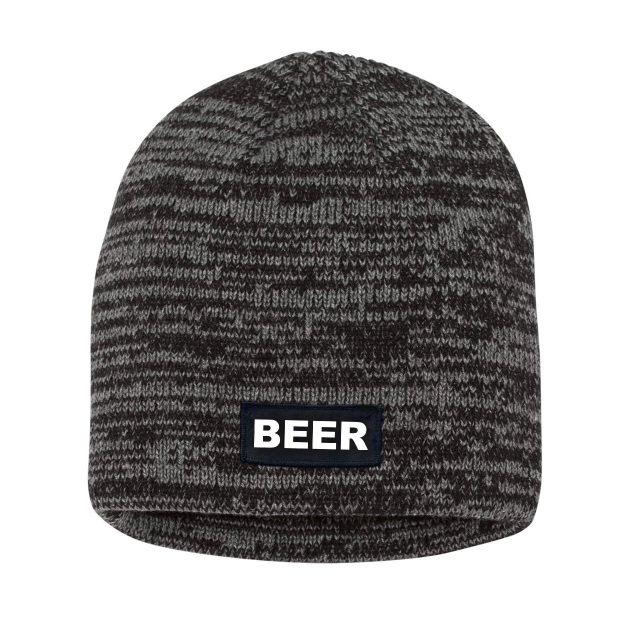 Beer Brand Logo Night Out Woven Patch Skully Marled Knit Beanie Black/Gray (White Logo)