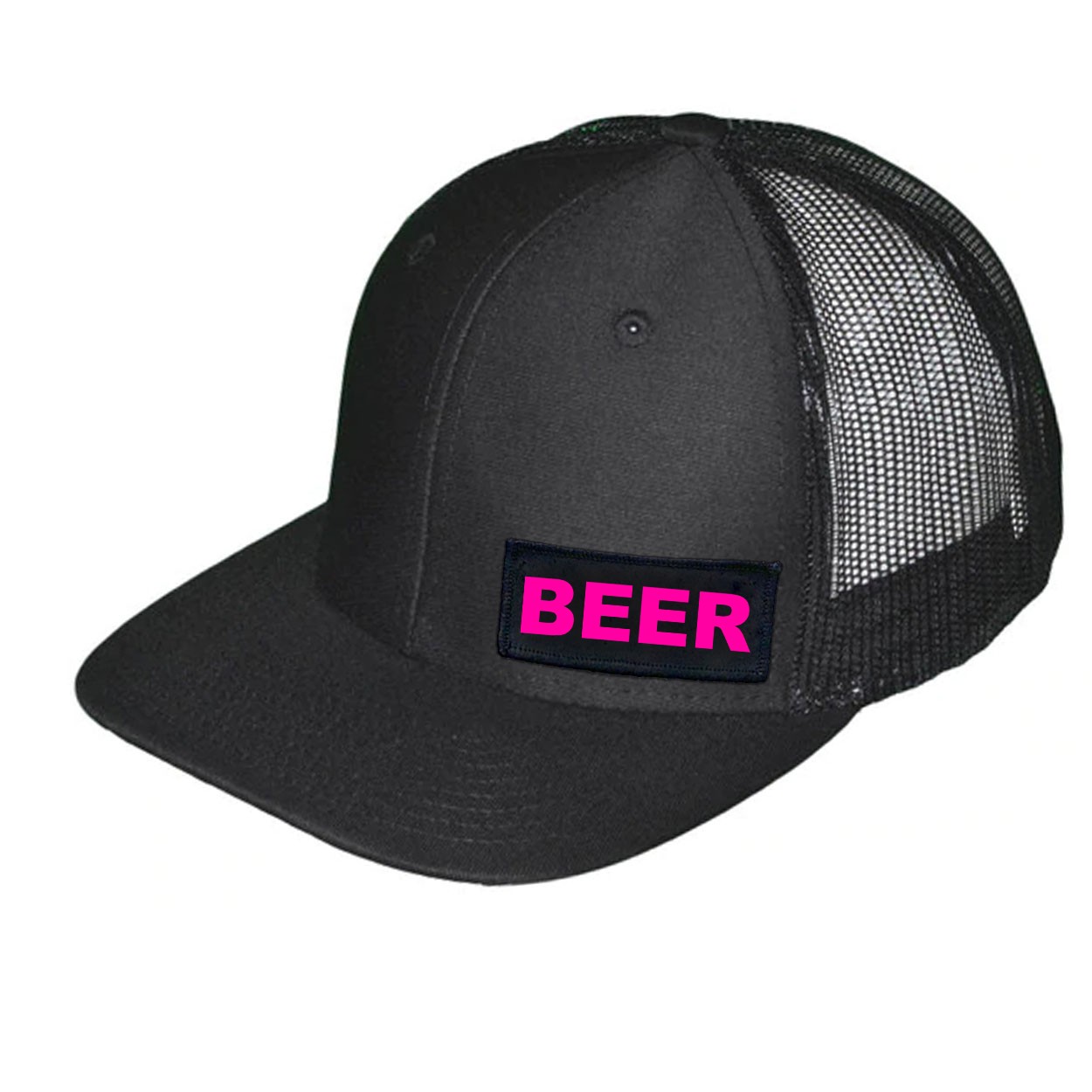 Beer Brand Logo Night Out Woven Patch Snapback Trucker Hat Black (Pink Logo)