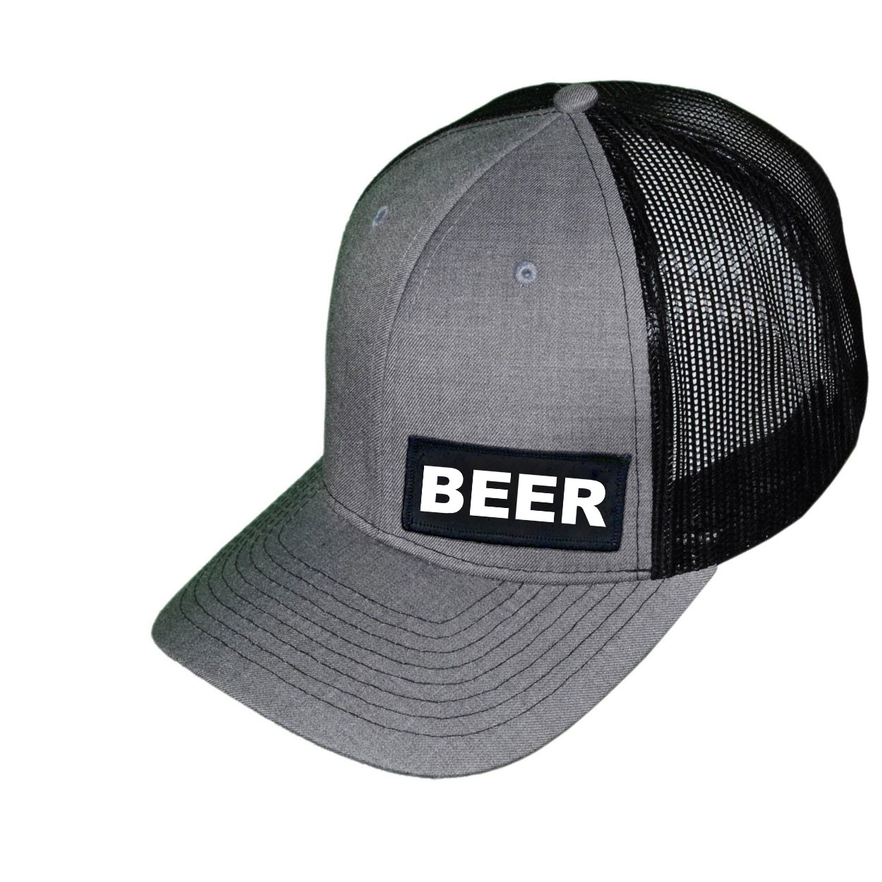 Beer Brand Logo Night Out Woven Patch Snapback Trucker Hat Heather Gray/Black (White Logo)