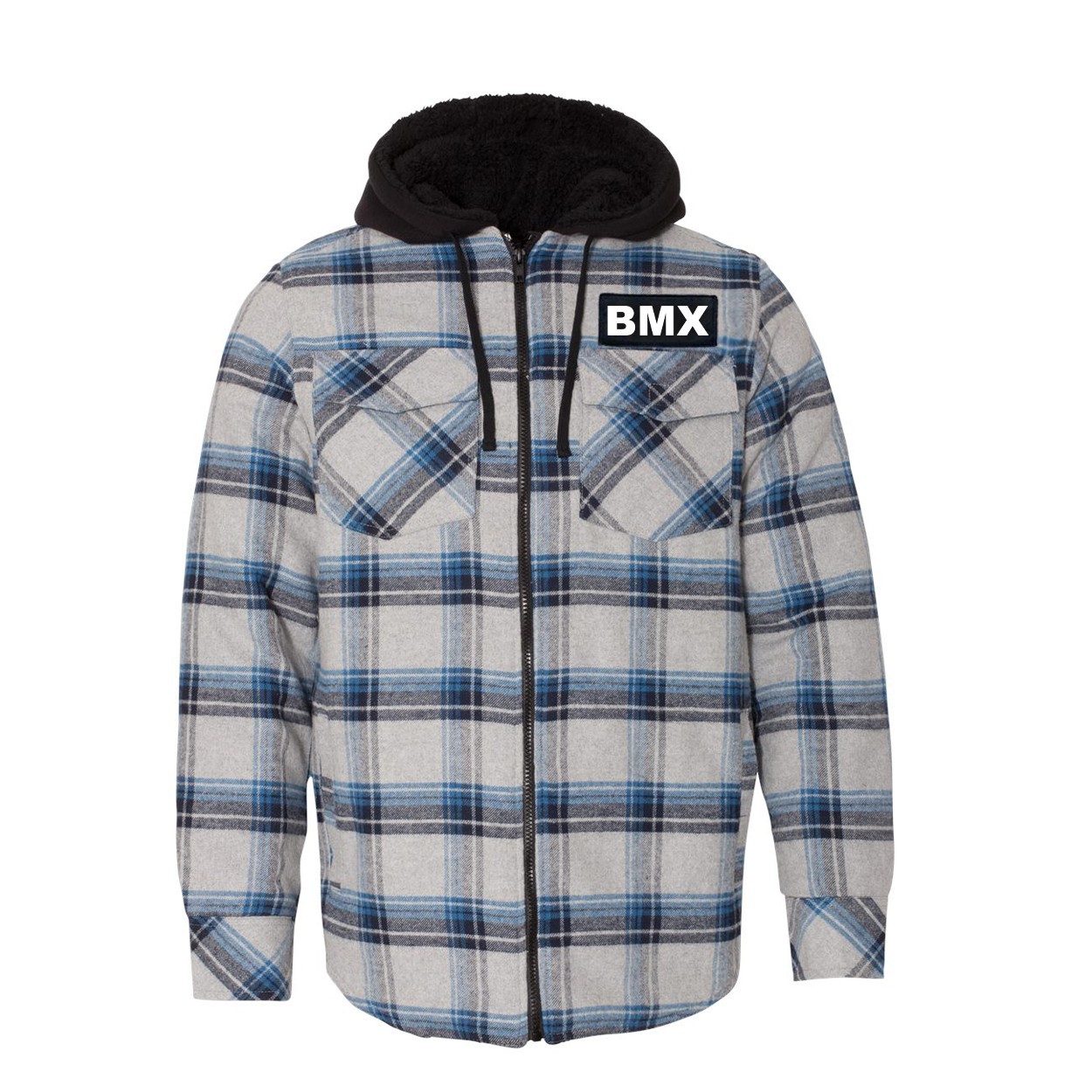 BMX Brand Logo Classic Unisex Full Zip Woven Patch Hooded Flannel Jacket Gray/ Blue (White Logo)