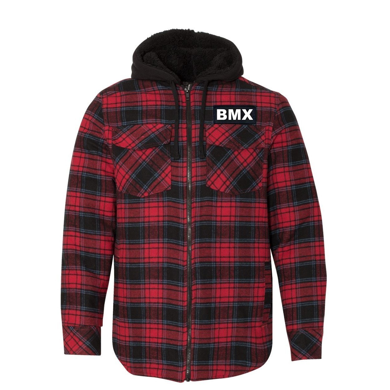 BMX Brand Logo Classic Unisex Full Zip Woven Patch Hooded Flannel Jacket Red/Black Buffalo (White Logo)