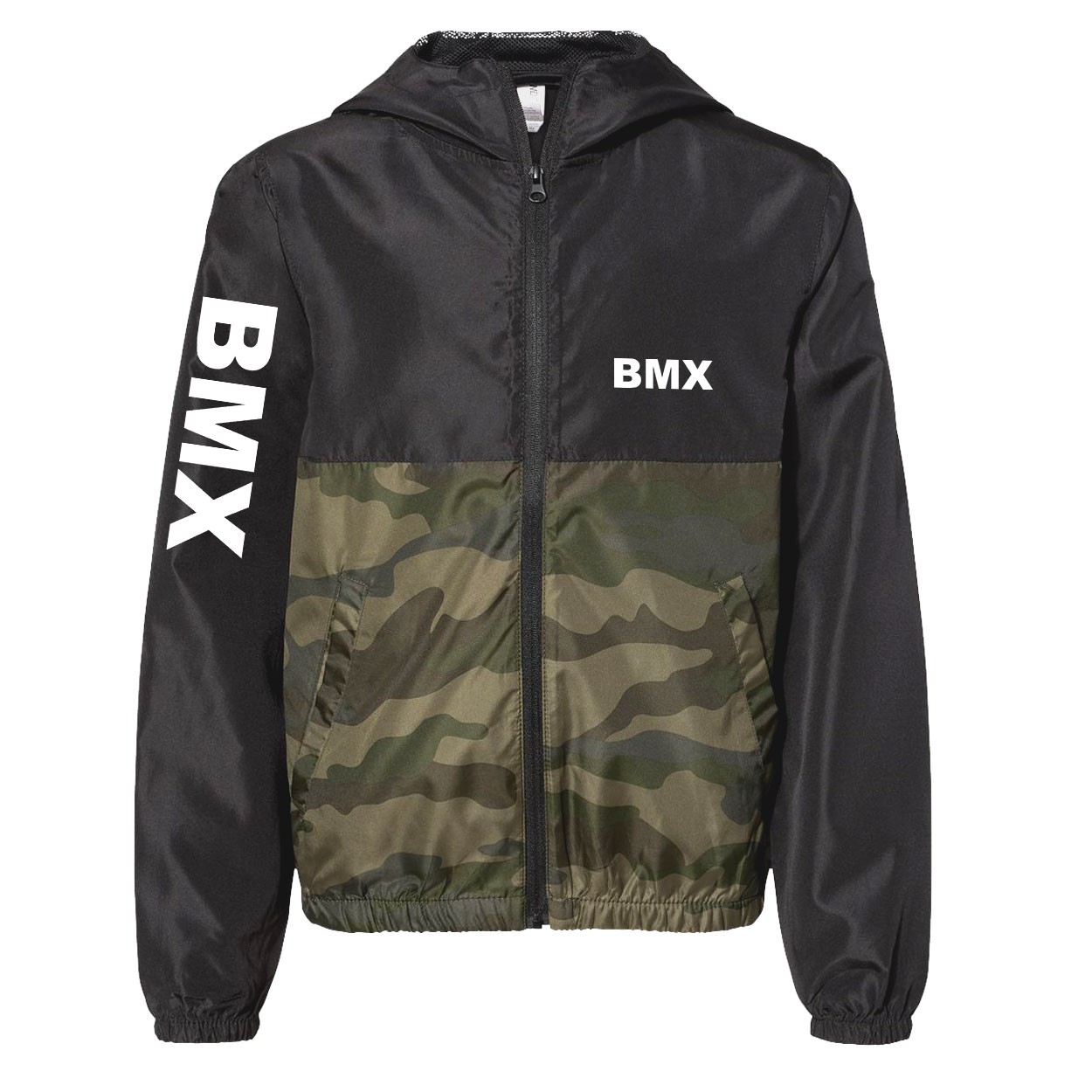 BMX Brand Logo Classic Youth Lightweight Windbreaker Black/Forest Camo (White Logo)