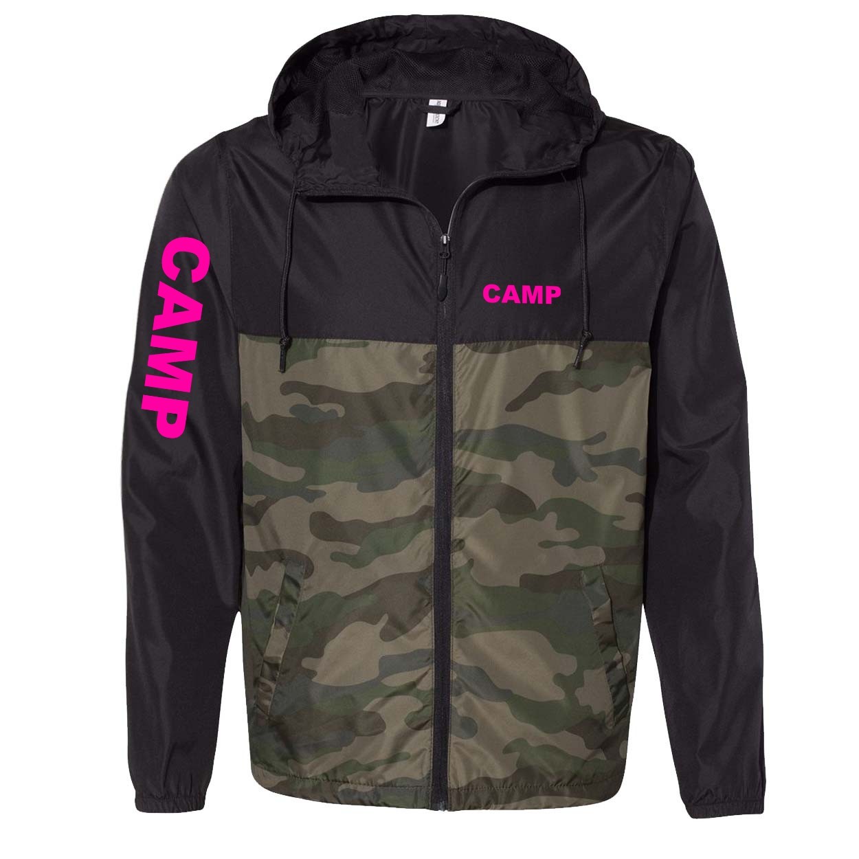 Camp Brand Logo Classic Lightweight Windbreaker Black/Forest Camo (Pink Logo)