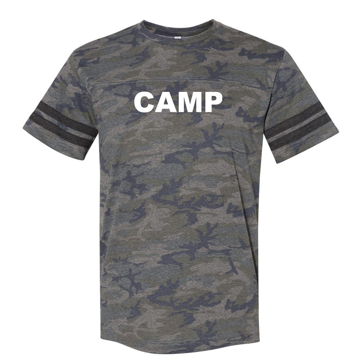 Camp Brand Logo Classic Unisex Premium LAT Jersey T-Shirt Vintage Camo/Vintage Stripes (Black Logo)