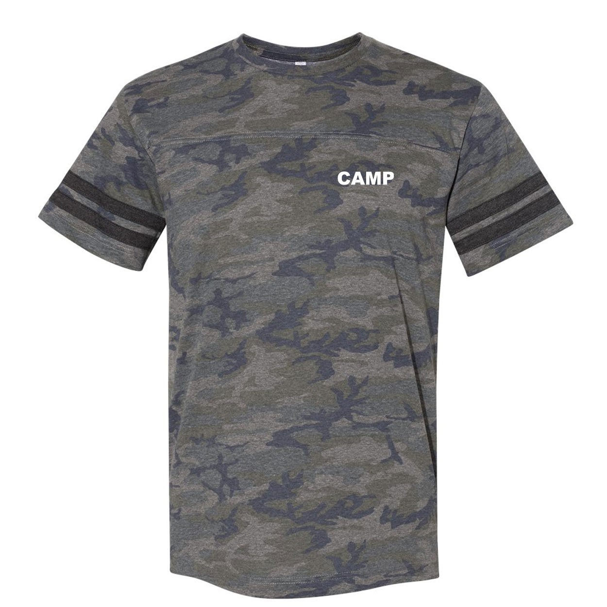 Camp Brand Logo Night Out Unisex Premium LAT Jersey T-Shirt Vintage Camo/Vintage Stripes (Black Logo)