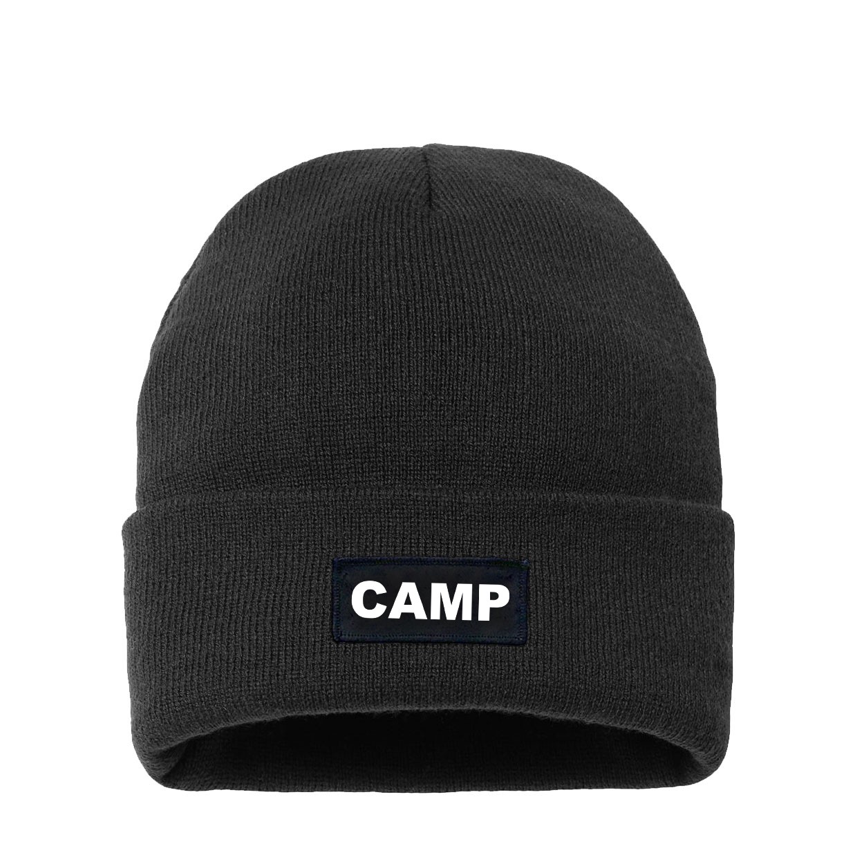 Camp Brand Logo Night Out Woven Patch Sherpa Lined Cuffed Beanie Black