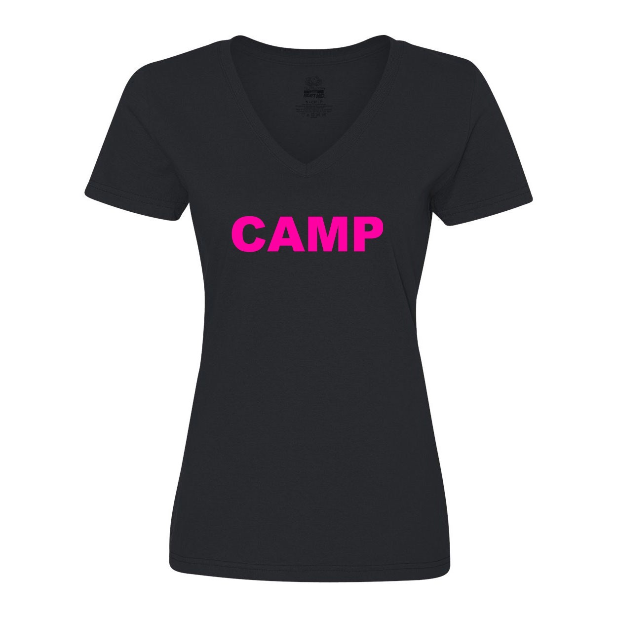 Camp Brand Logo Womens Classic V-Neck Shirt Black (Pink Logo)