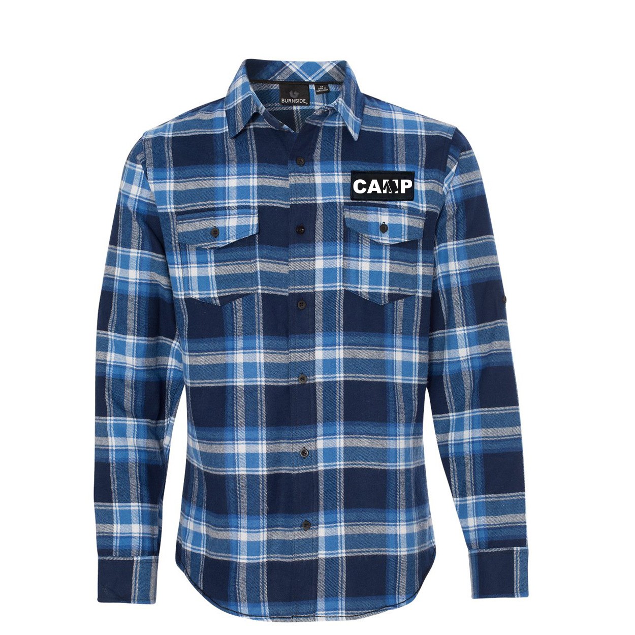 Camp Tent Logo Classic Unisex Long Sleeve Woven Patch Flannel Shirt Blue/White (White Logo)
