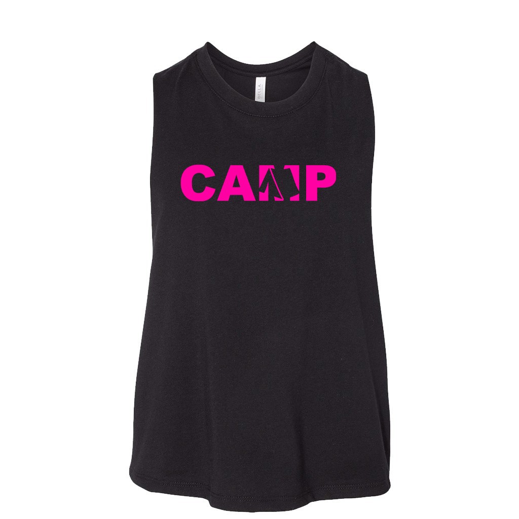 Camp Tent Logo Classic Womens Flowy Semi Cropped Tank Black (Pink Logo)