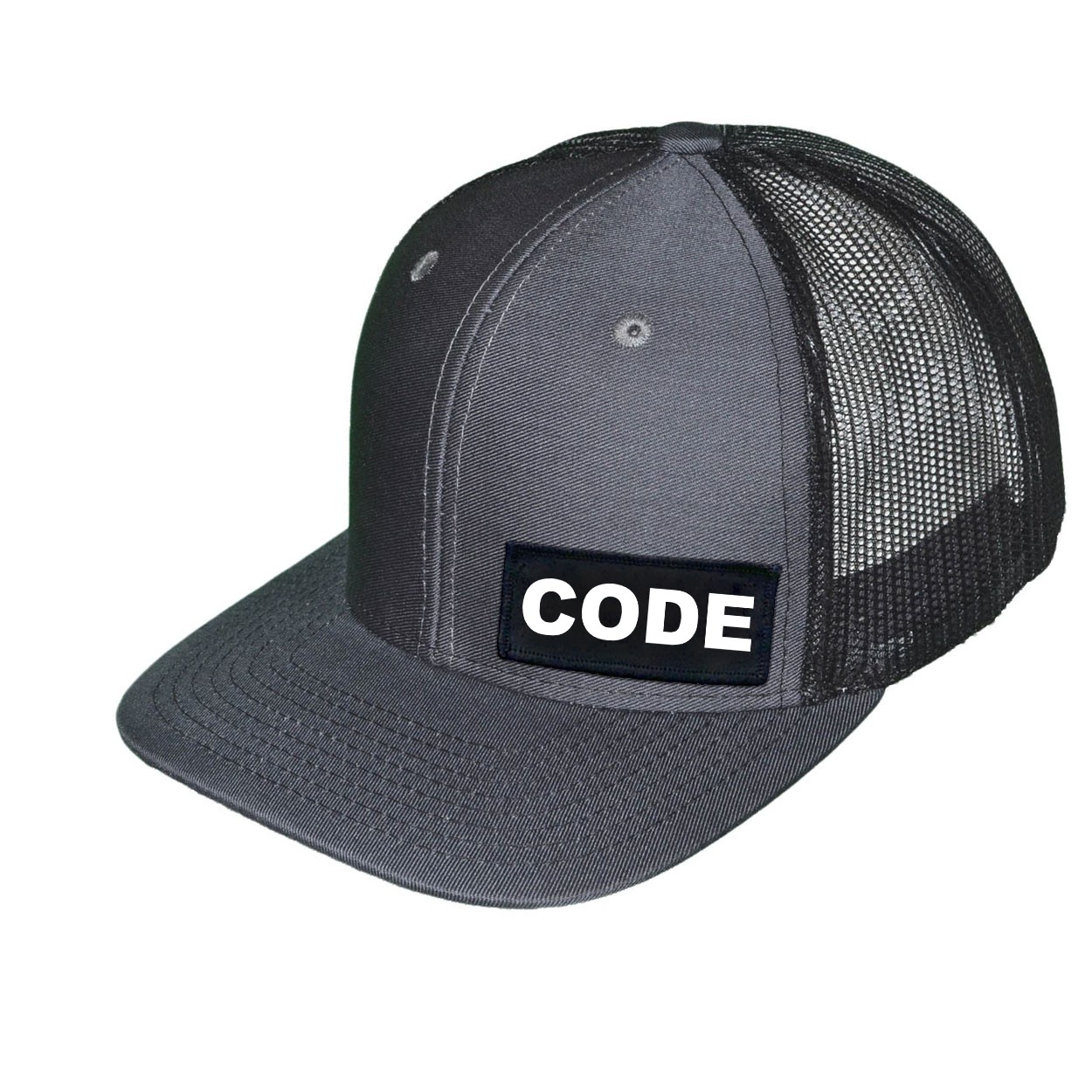 Code Brand Logo Night Out Woven Patch Snapback Trucker Hat Dark Gray/Black (White Logo)