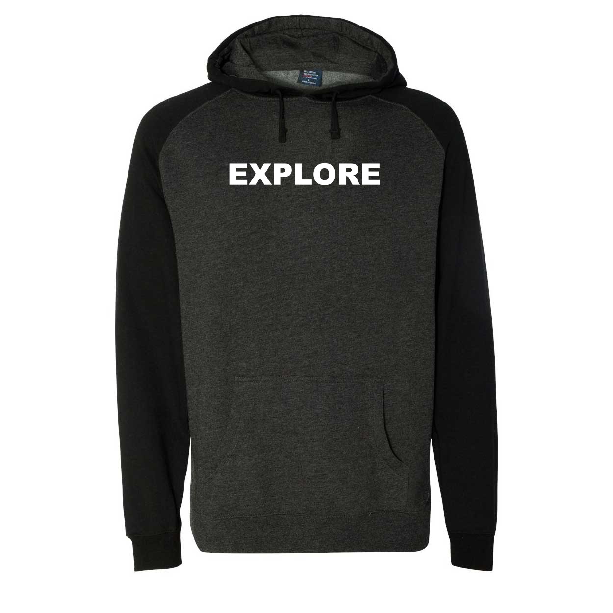 Explore Brand Logo Classic Raglan Hooded Pullover Sweatshirt Charcoal/Heather Black (White Logo)
