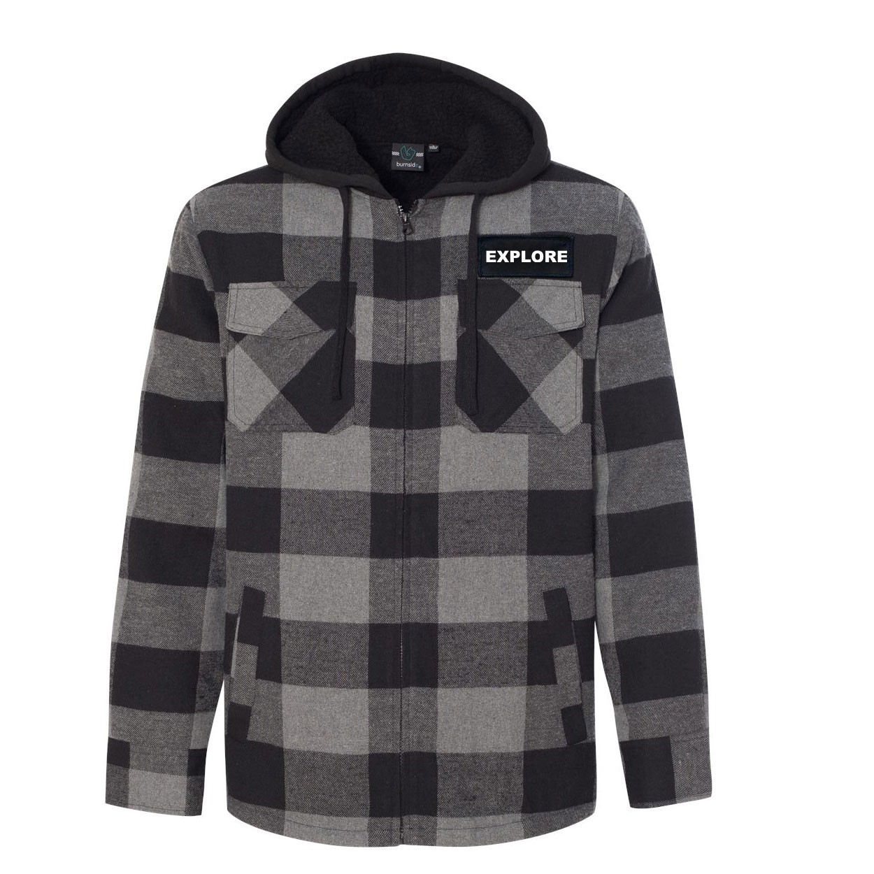 Explore Brand Logo Classic Unisex Full Zip Woven Patch Hooded Flannel Jacket Black/Gray (White Logo)