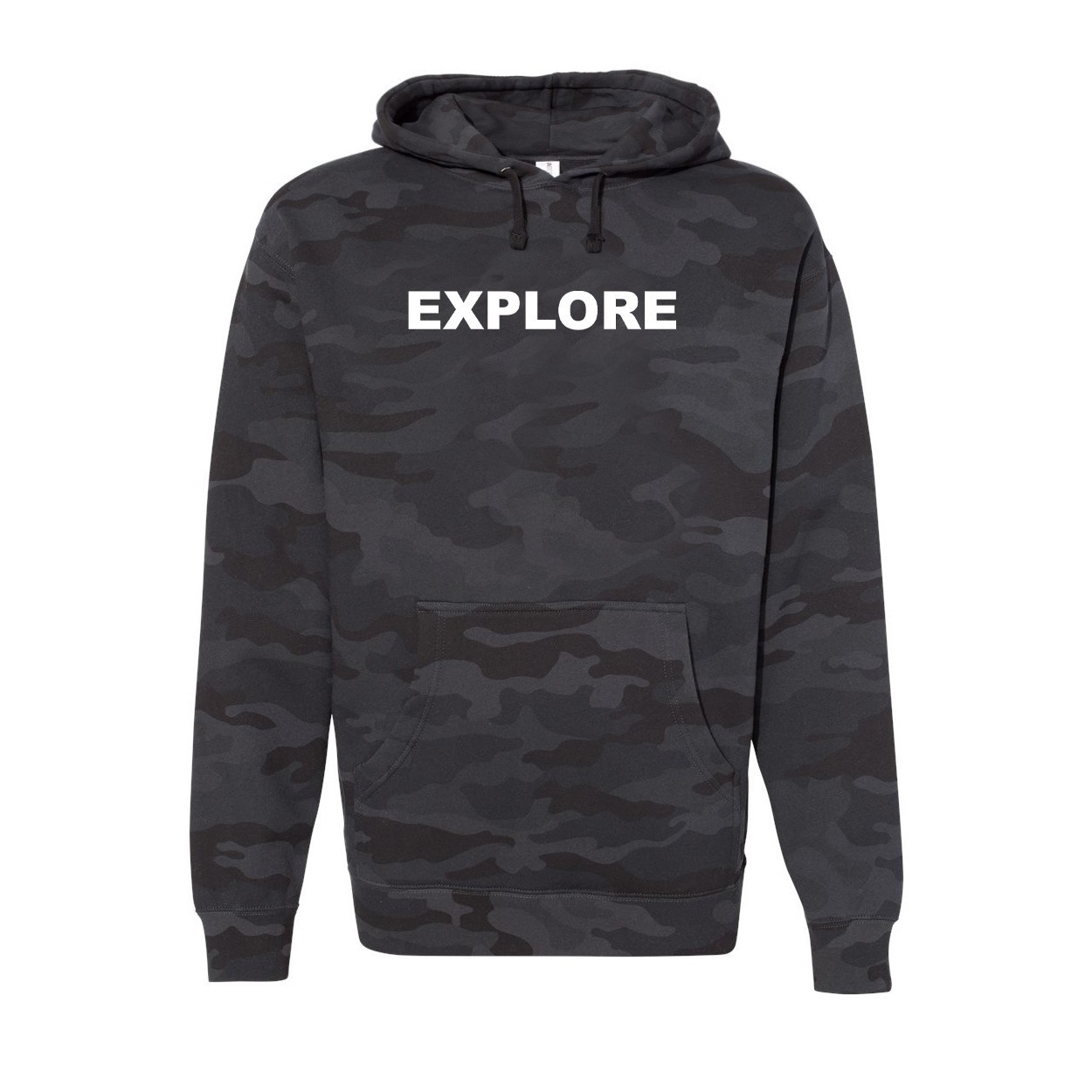 Explore Brand Logo Classic Unisex Hooded Sweatshirt Black Camo (White Logo)