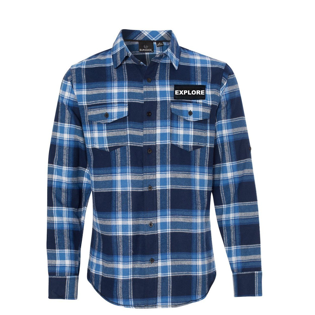 Explore Brand Logo Night Out Rectangle Woven Patch Flannel Shirt Long Sleeve Blue/White (White Logo)