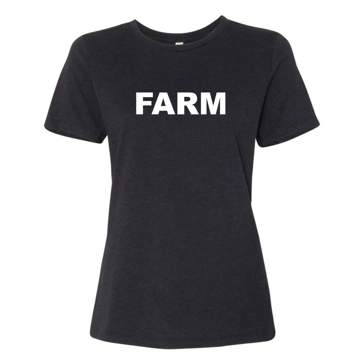 Farm Brand Logo Classic Women's Relaxed Jersey T-Shirt Black Heather (White Logo)