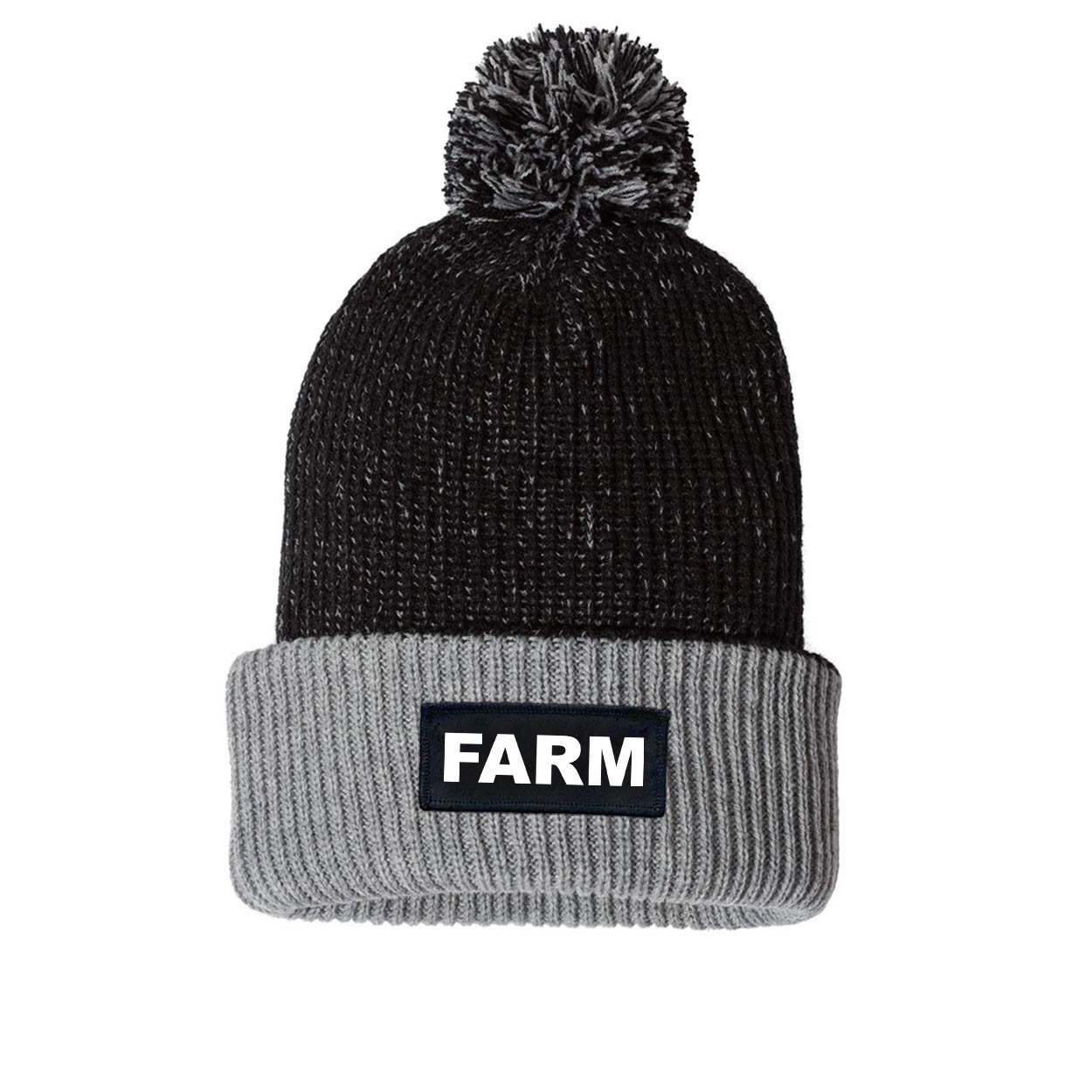 Farm Brand Logo Night Out Woven Patch Roll Up Pom Knit Beanie Black/Gray (White Logo)