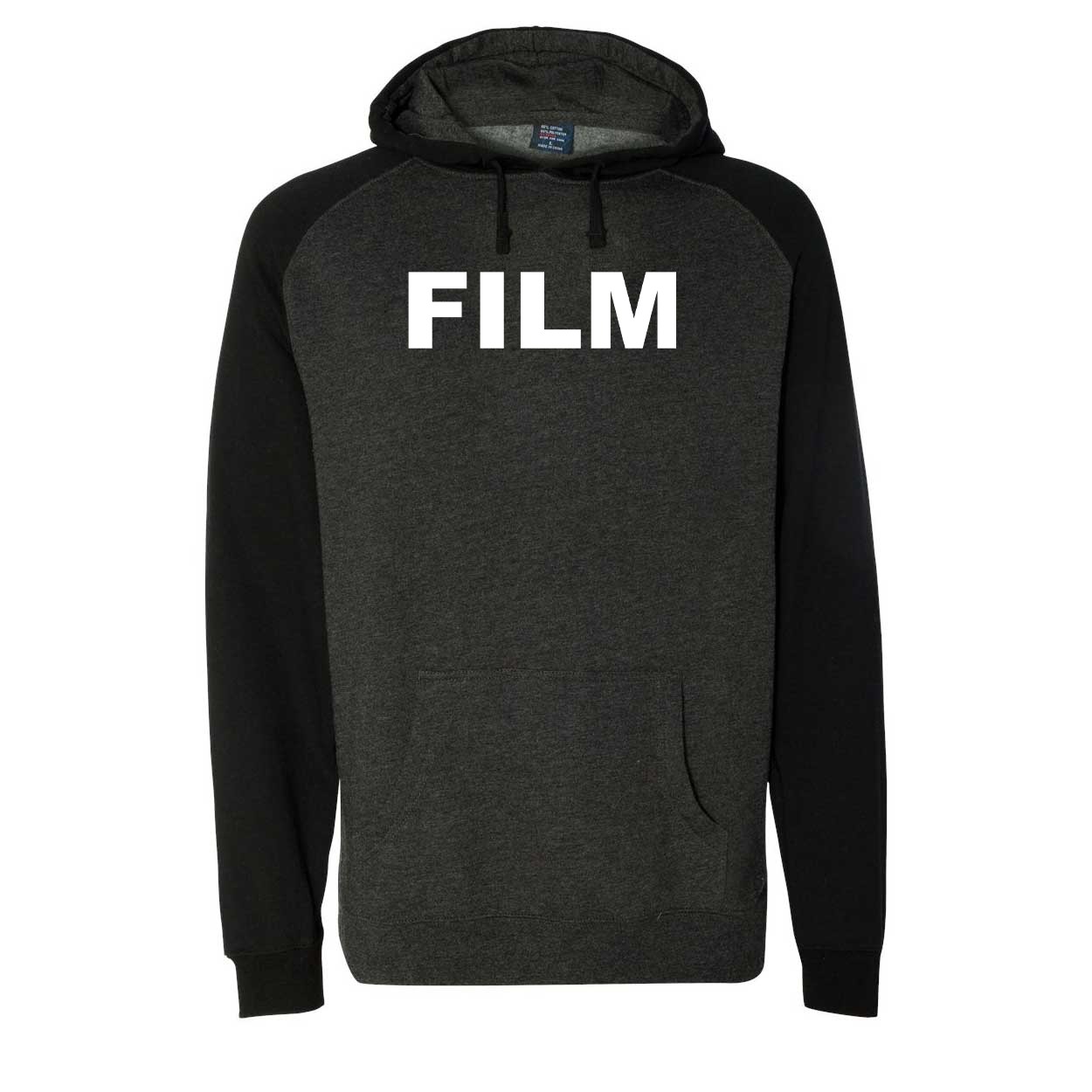 Film Brand Logo Classic Raglan Hooded Pullover Sweatshirt Charcoal/Heather Black (White Logo)