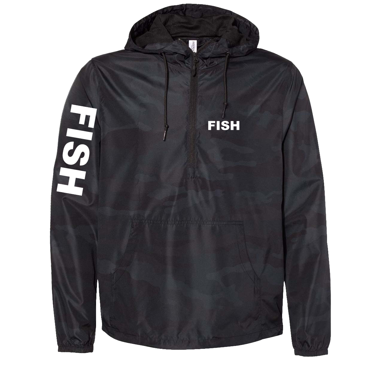 Fish Brand Logo Classic Lightweight Pullover Windbreaker Black Camo (White Logo)