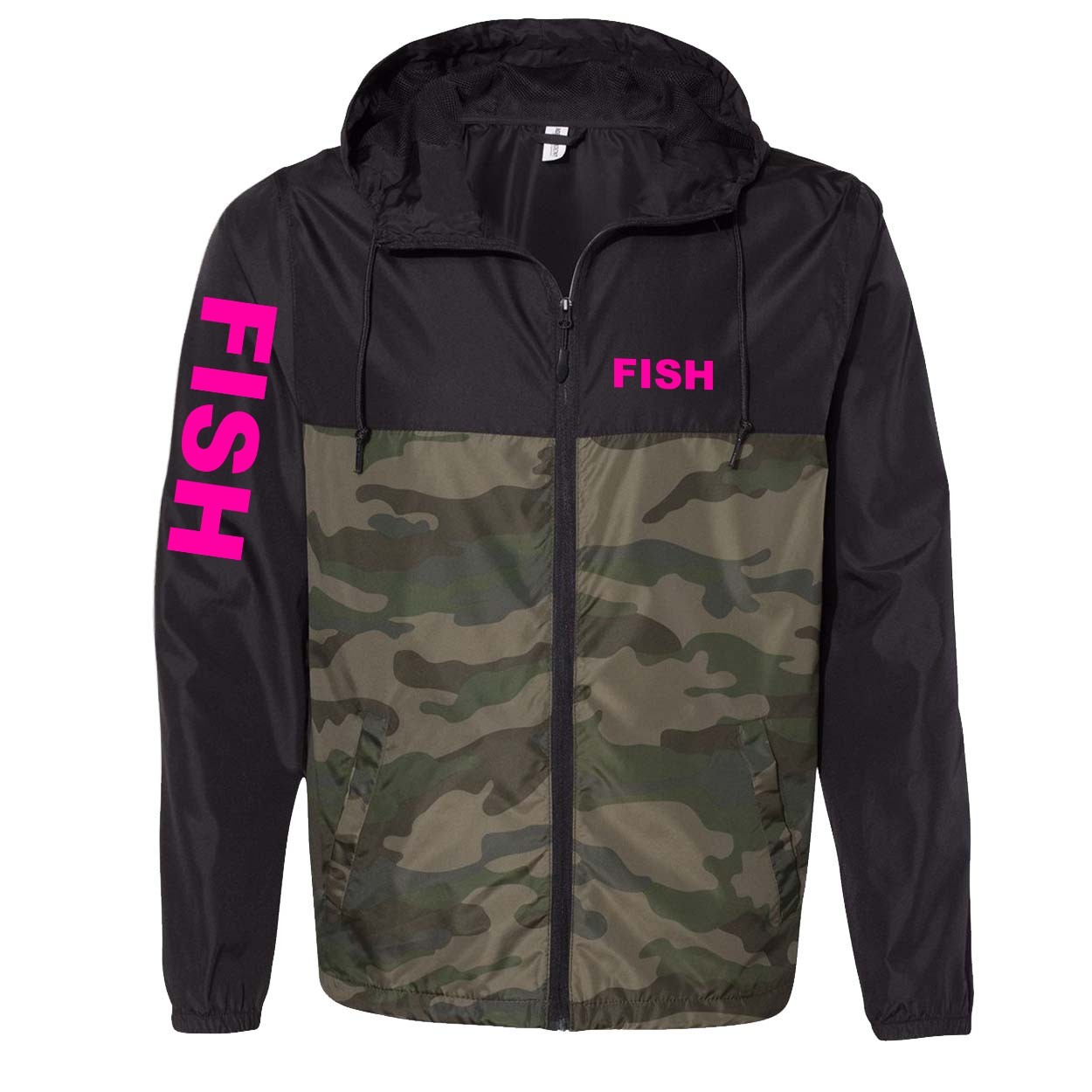 Fish Brand Logo Classic Lightweight Windbreaker Black/Forest Camo (Pink Logo)